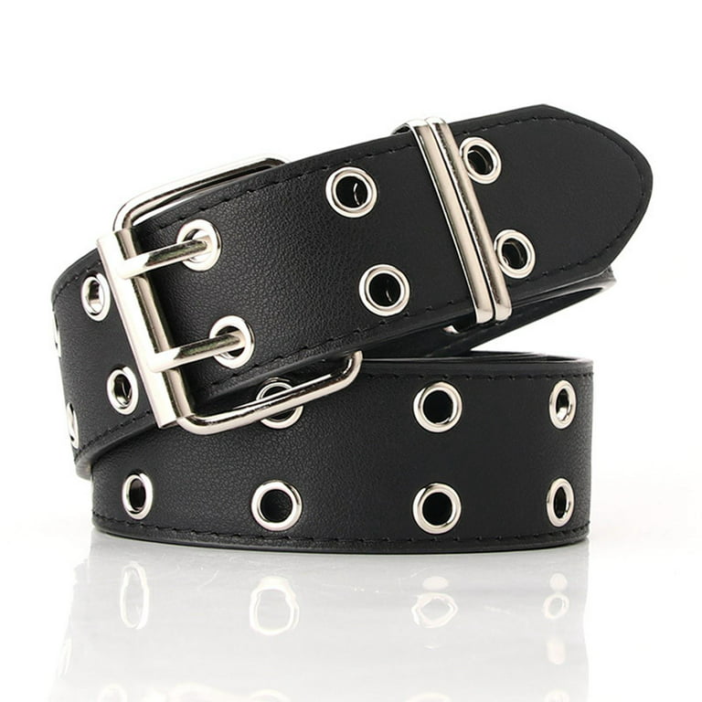 Double Grommet Belt, for Women Men Adjustable with Eyelet Double Prong  Buckle Rock Gothic Punk Cosplay Vintage Jeans Belt , Black