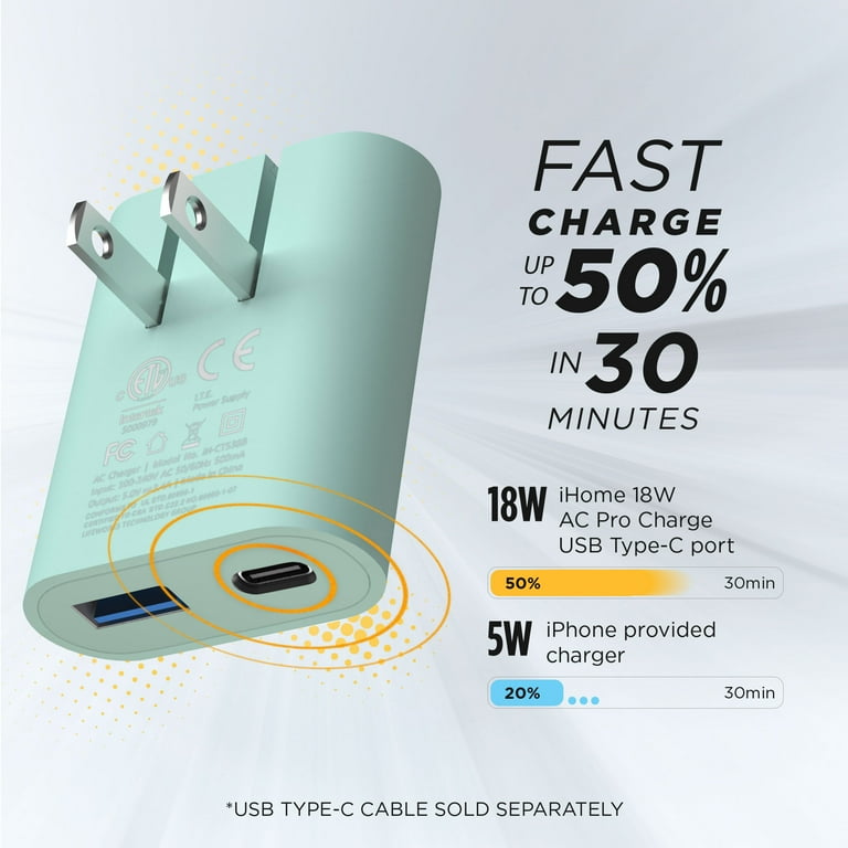 Regenerativ Summen Muligt iHome 20 Watt USB-C & USB-A Dual Port Wall Charger with Folding Prongs, Mint Green - Walmart.com Regenerativ Summen Muligt iHome 20 Watt USB-C & USB-A Dual Port Wall Charger with Folding Prongs, Mint Green - Walmart.com