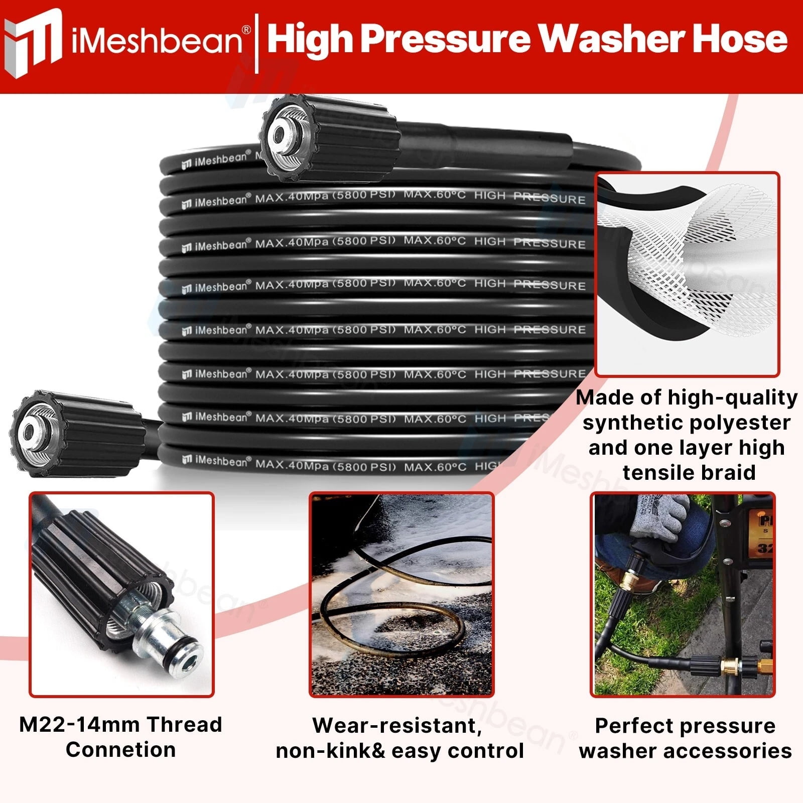 iMeshbean 4000 PSI Pressure Washer Gun 3/8" QC & M22-14mm Inlet Wand Lance Hose Spray Nozzle
