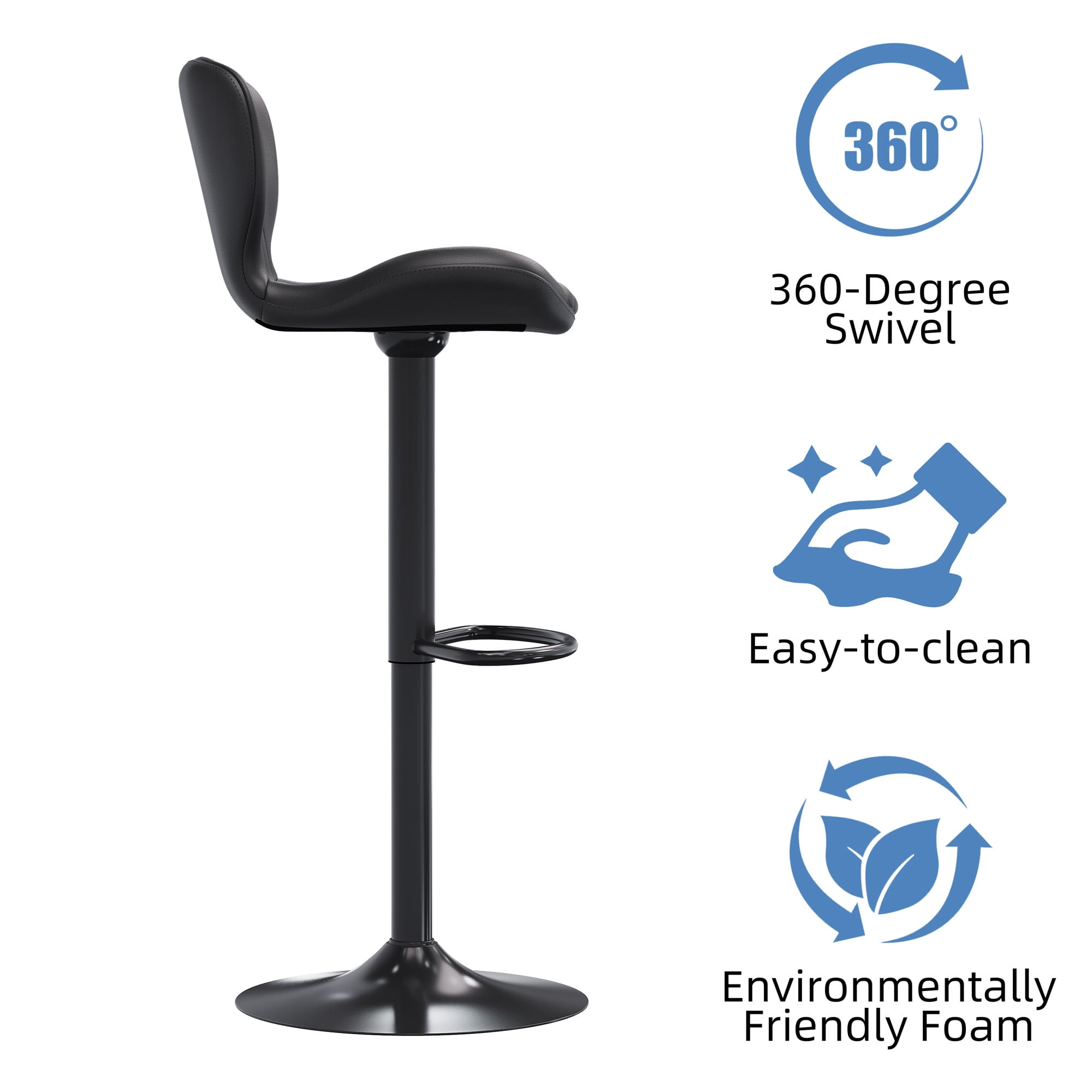 Walsunny Adjustable Bar Stools Set of 4 Leather Upholstered Swivel Counter Stools Counter Height Bar Stools with Large Base, Room Bar, Black