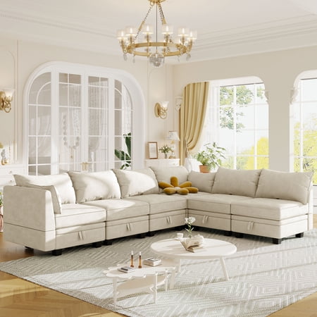 EUROCO 115.1" Oversized Modern U-Shape Modular Sectional Sofa with Storage,6-Seat Convertible Sofa Bed with Reversible Chaise,Beige