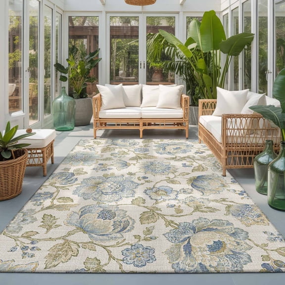 Vintage Floral Washable Living Room Rugs 6'x9', Country Rustic Gold Blue Botanical Flowers Leaf Washable Throw Large Area Rug Non-Slip Sturdy Edge Binding Carpet for Dining Room Kitchen Office