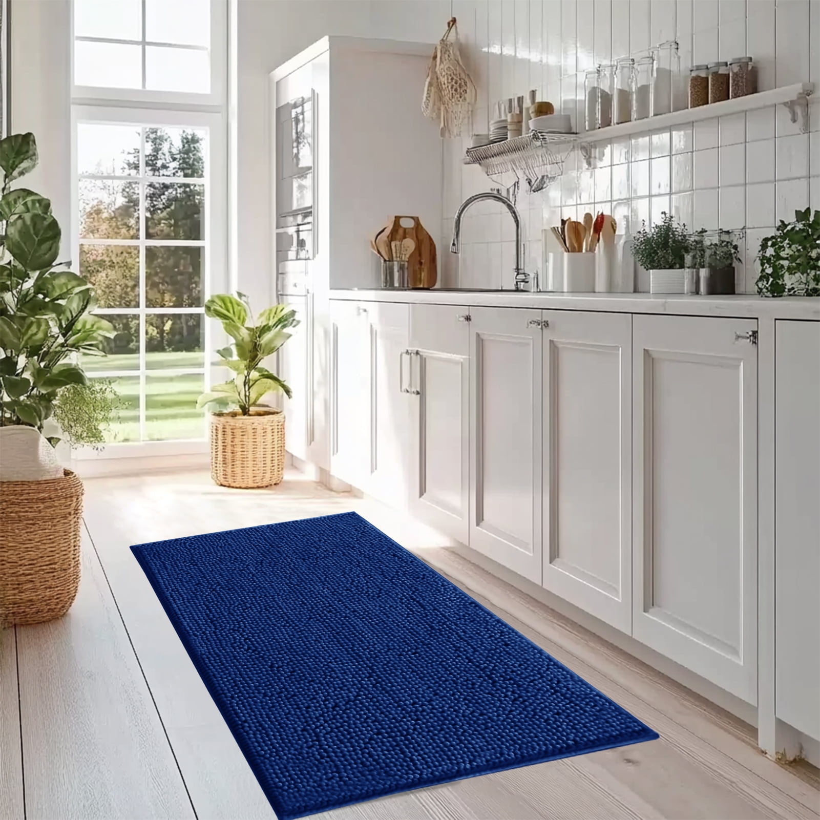 3 Pieces Bath Mat Set, Soft Chenille Bathroom Rugs Mat, Absorbent Spa Shaggy Bath Rugs Set, Machine Washable & Non Slip Bath Mats for Bathroom, Tub, Shower（Blue）