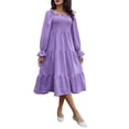 thumbnail image 1 of Vestido de manga larga con farol para mujer, hombros descubiertos, pecho fruncido, manga con volantes, dobladillo de color sólido, vestido morado XL, 1 of 6