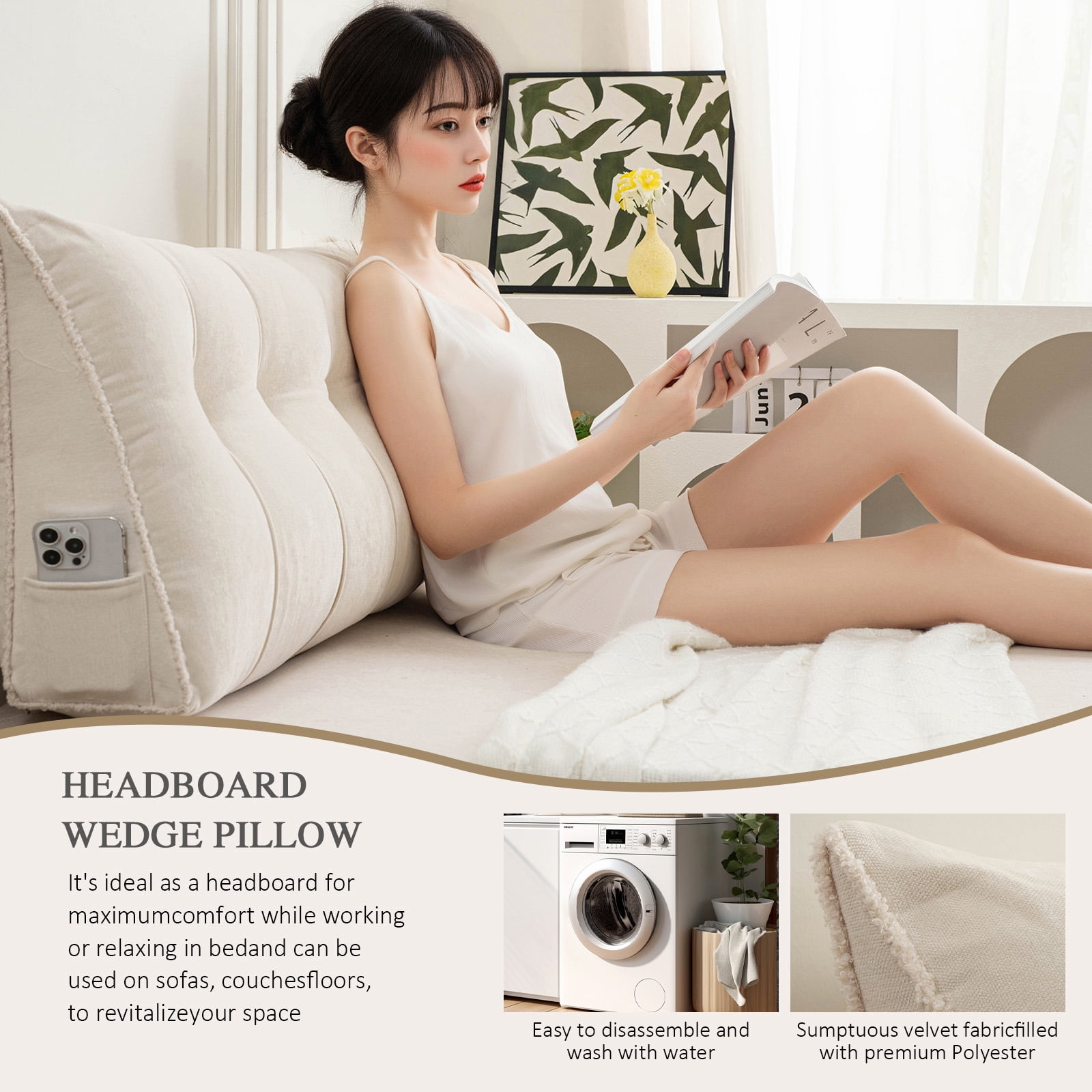 Desirable Life Triangular Headboard Pillow with Side Pockets, Chenille Fabric, Bed Rest Reading Pillow, Removable & Washable Cover, Contrasting-Color Fabric Piping, Daybed Wedge Pillow for Twin Beds