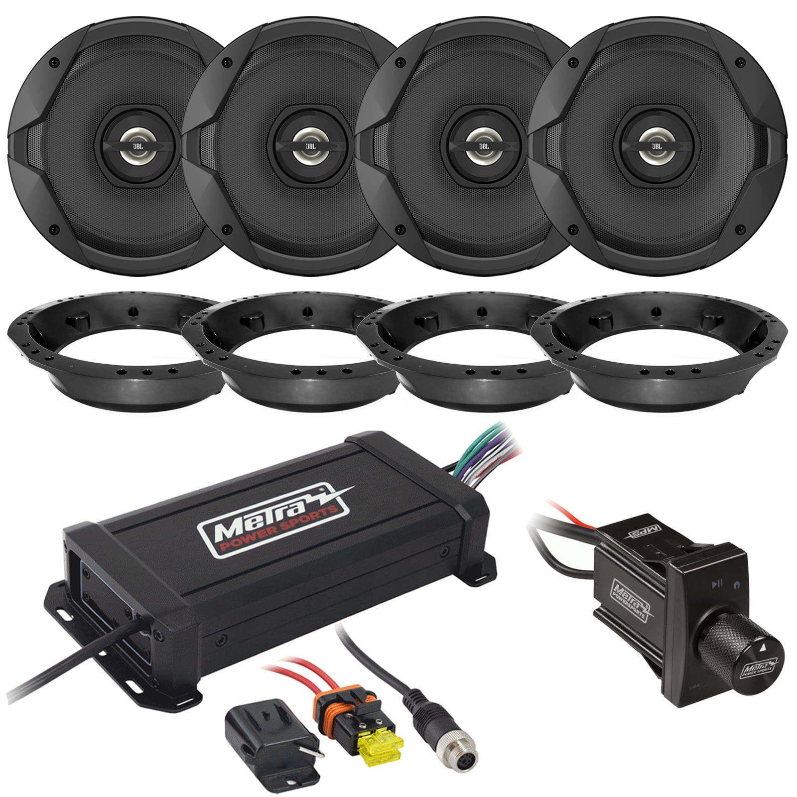4x JBL GT 6.5” Coaxial 270 Watt Speakers, Metra PowerSports IPX6 Marine