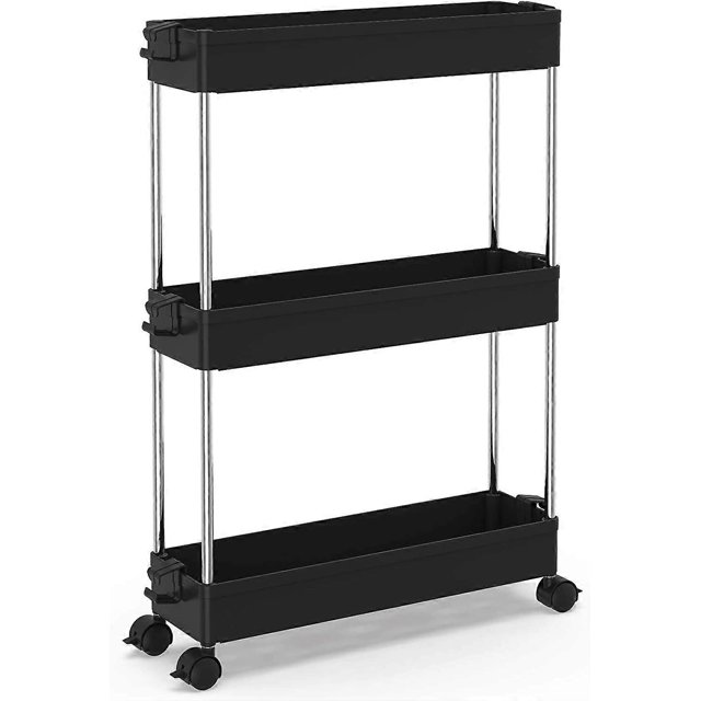 KAIYANG Carrito de almacenamiento móvil de 3 niveles, carrito de almacenamiento, estante rodante, para cocinas estrechas, baños, lavaderos, oficinas, 40 x 13 x 61 cm, color negro