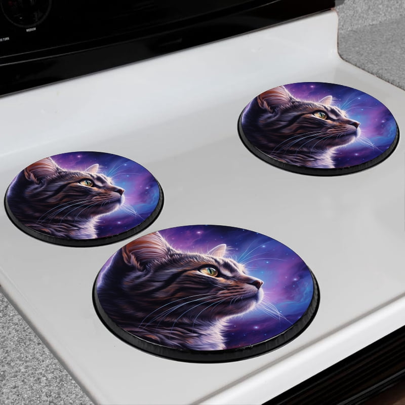 BaHomeck Electric Stove Burner Covers Set of 4,Round Metal Gas Stove Burner Covers 8 Inch and 10 Inch,Kitchen Decor,Beautiful Cat With Green Eyes Gazes At The Stars
