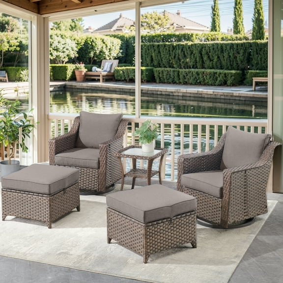OPOHORO 5 Pieces Patio Furniture Set, Brown Wicker Rattan Outdoor Conversation Set with Patio Swivel Chair Ottoman and Side Table, Bistro Furniture Set for Porch Balcony Garden in Gray
