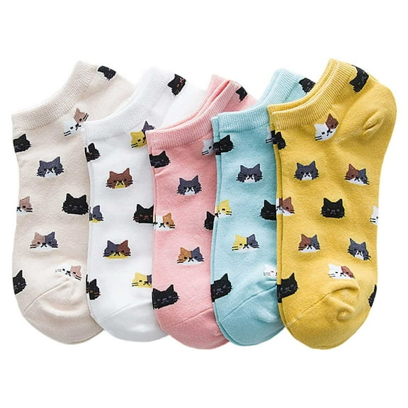 Yuanlong Womens Socks Summer 5 Pairs Cute Cat Graphic Cotton Breathable Low Cut Socks Daily Wear Lightweight Liner Socks