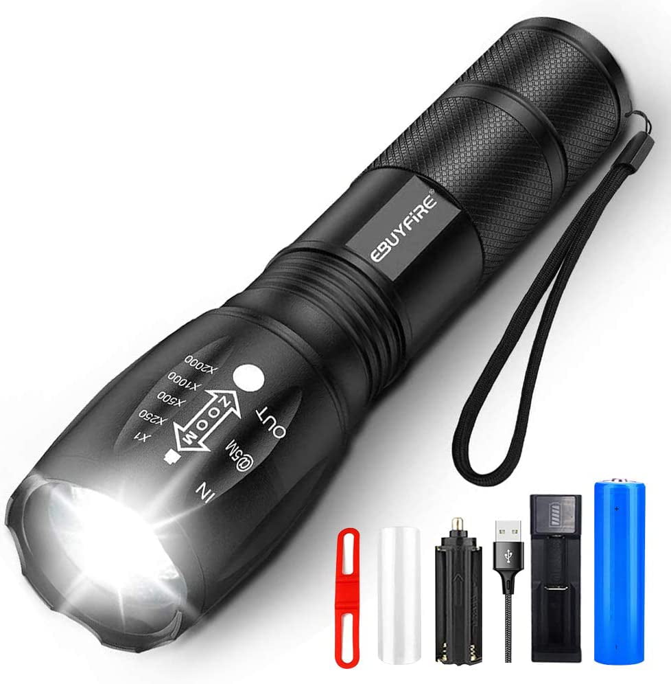 LED Torch Rechargeable Flashlight Police Zoomable Camping Hiking Lamp Set 