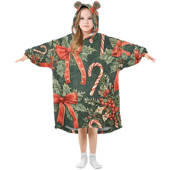 FORMRS Wearable Blanket Hoodie with Sleeves for Kids Cozy Flannel Sweatshirt, Christmas Holly Bows