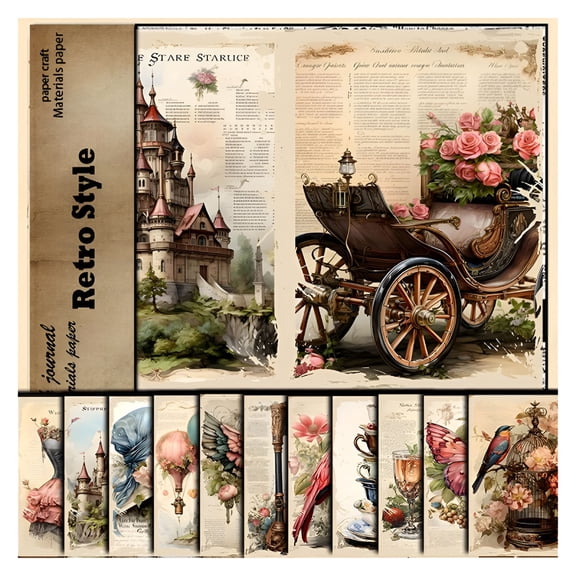 CCOCC Junk Journal Supplies Kit,Retro Style Patterns Scrapbook Craft Paper Kit,Vintage Junk Journal Supplies For Cardmaking Junk Journal Decorative