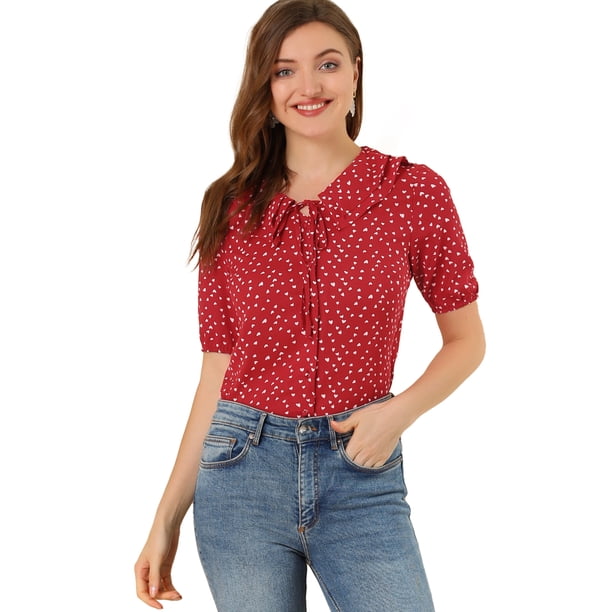 Allegra K Blusa con cuello de mu?eca y cuello de lazo con mangas abullonadas con estampado de corazón para mujer rojo XS