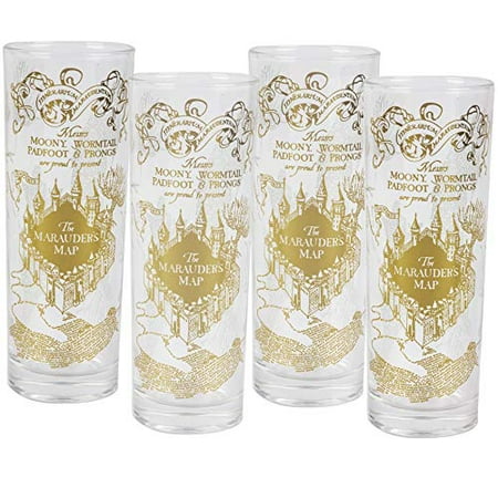 Harry Potter Marauder's Map Highball Glasses, Set of 4 - Skinny Glass with Gold Map Design - 8 oz