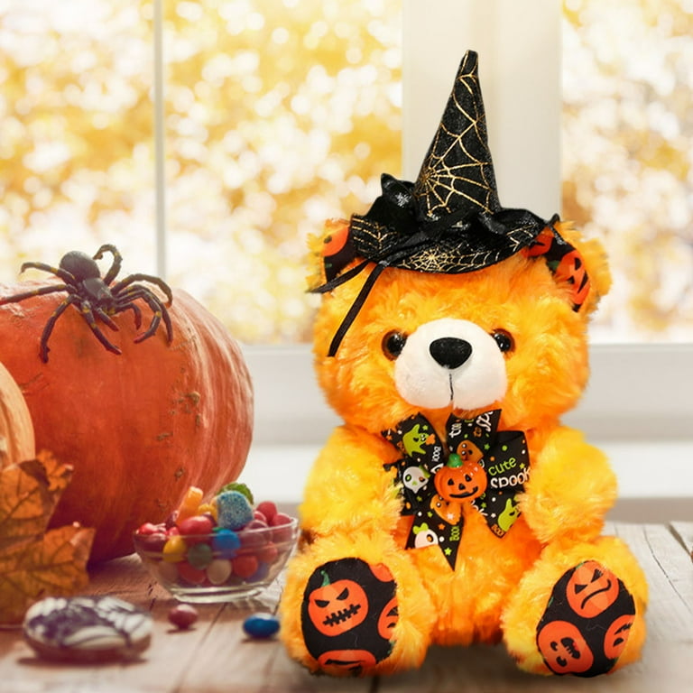 Halloween Plush Bear Halloween Pumpkin Witch Stuffed Animal Teddy Bear with Broomstick Hat Halloween Party Decorations Gifts for Boys Girls
