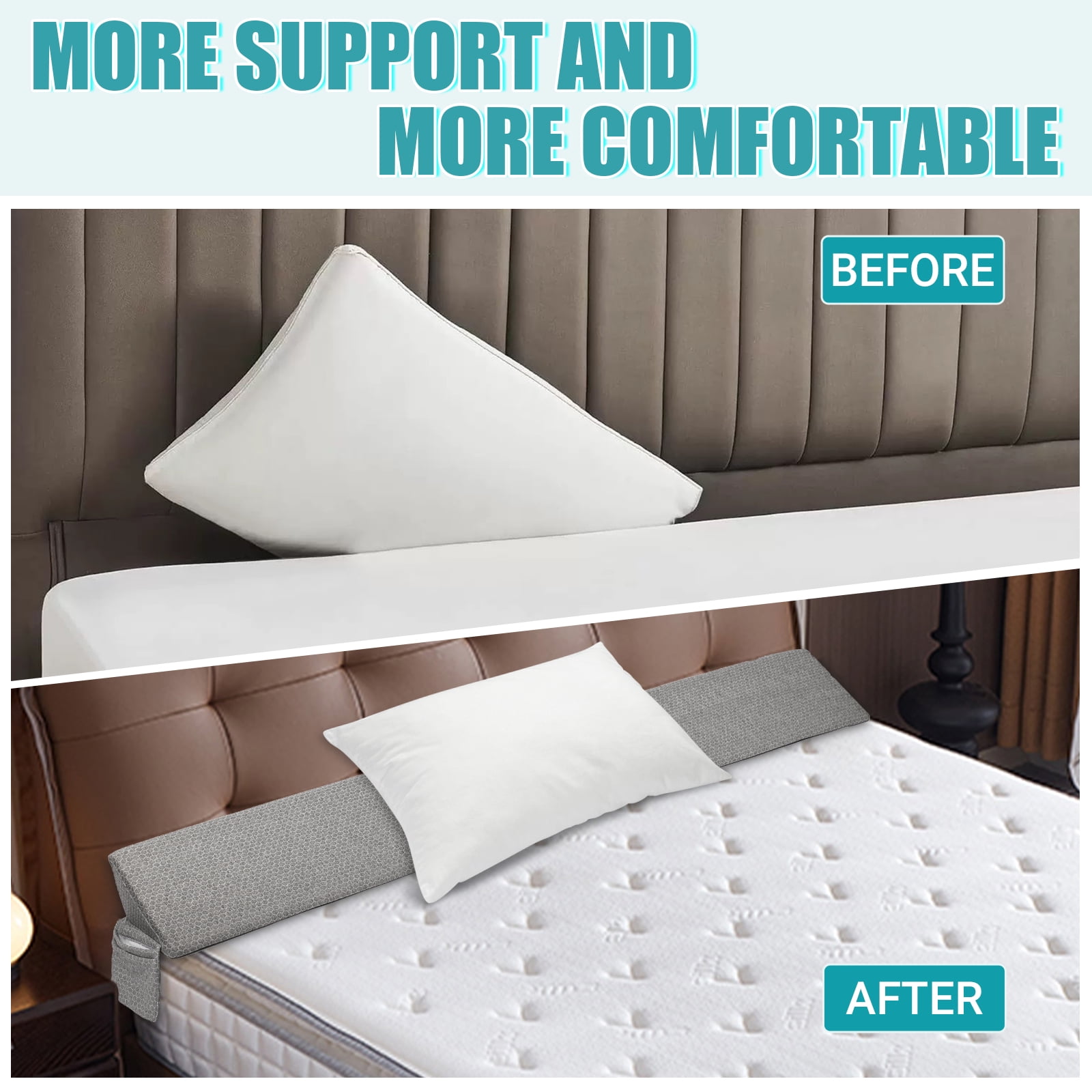 Bed Wedge Pillow - Headboard Pillow Fill The Gap 0-8" Between Headboard and Mattress, gray, M