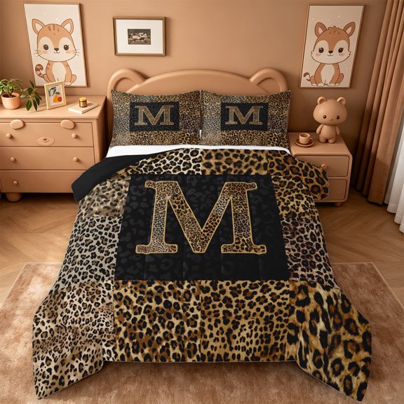 Catabedysis Personalized Letter Gifts Full Size Comforter Sets For Girls,Fashion Leopard Alphabet M Bedding Comforter Set,Black Reversible,3pcs,1 Comforter and 2 Pillowcases