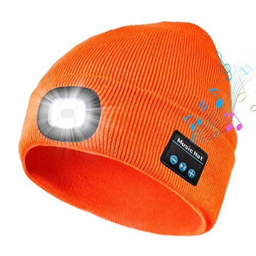 Gorra Beanie Bluetooth Bosttor con luz, auriculares y altavoz incorporados - regalo para hombres, mujeres y adolescentes - naranja