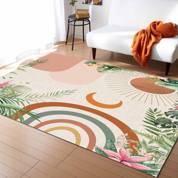 Boho Area Rug 2'x3' Boho Moon Sun Abstract Geometric Plant Leaves Linen Washable Area Rugs Non Shedding Floor Carpet Rubber Backing Non-Slip Indoor Mats for Living Room Bedroom Kitchen