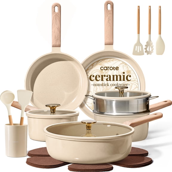 CAROTE 19-Piece Ceramic Pots and Pans Set, Nonstick Cookware Set with Lids, Induction Compatible, Oatmeal