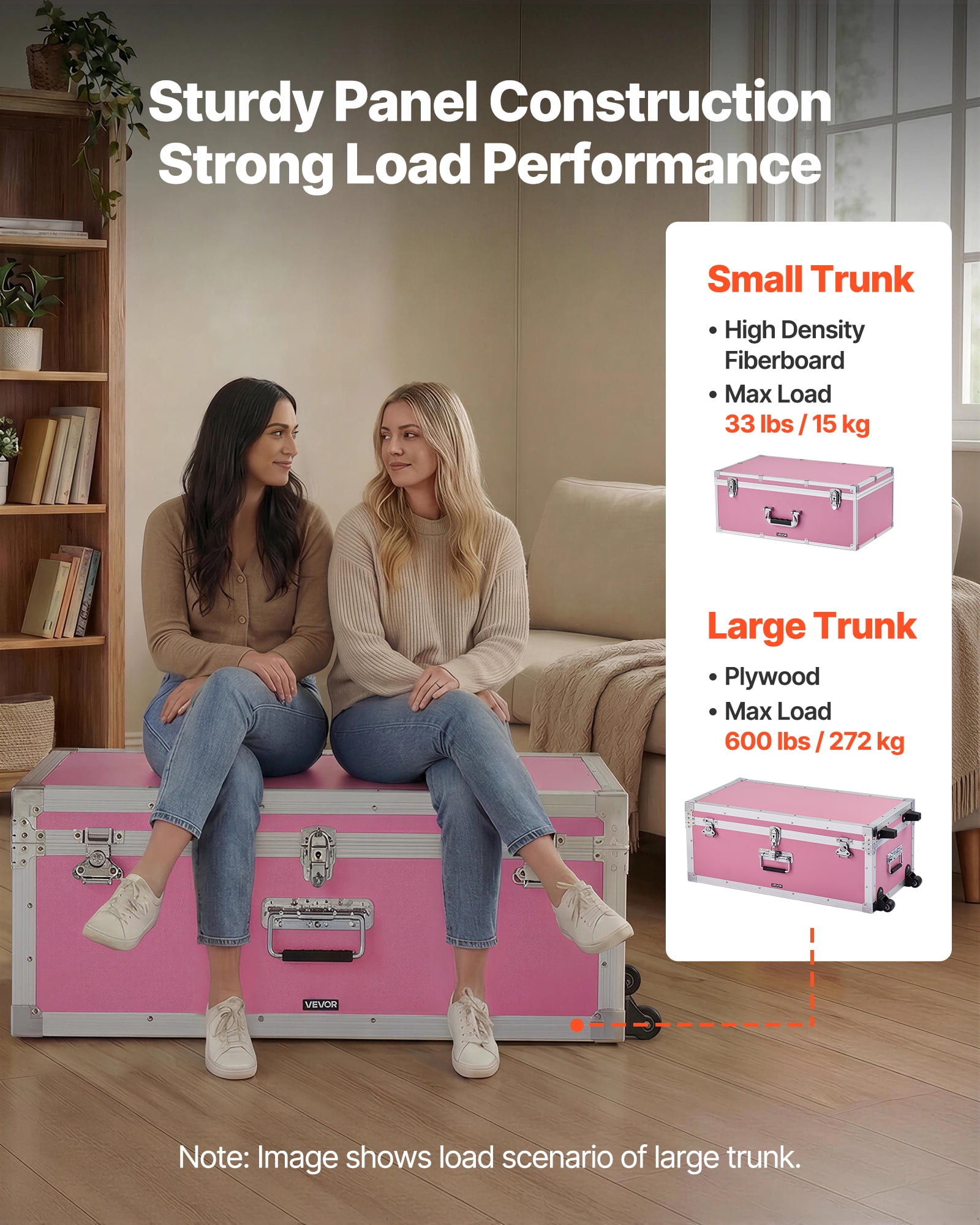 VEVOR Metal Storage Trunk, Set of 2, Wooden Suitcase Storage Boxes with Padlocks, Large Trunk Includes Casters and 3 Metal Handles, Decorative Store Chest with Lids for Travel, Apartment, Dorm, Pink