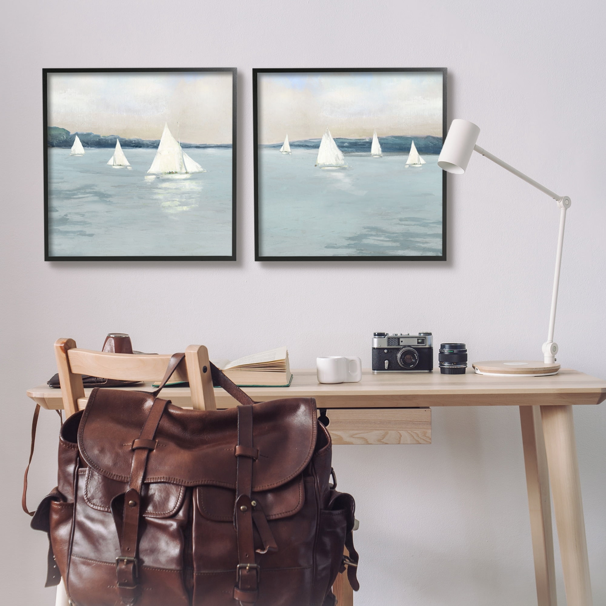 Stupell Industries Sailboats Grey Nautical Ocean View Coastal Painting Black Framed Art Print Wall Art, Set of 2