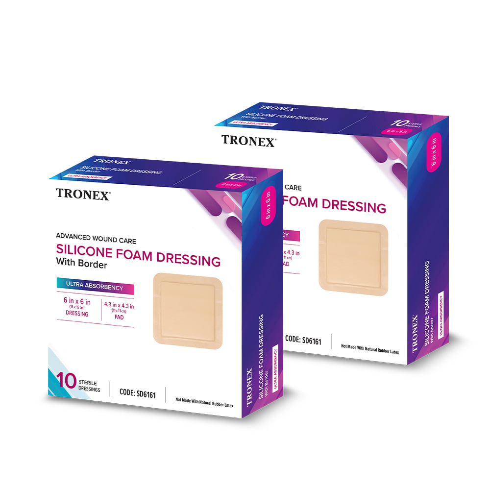 Tronex Silicone Foam Dressing 6" x 6", Adhesive, Waterproof, Sterile, Absorbent, Latex-Free, Pack of 20