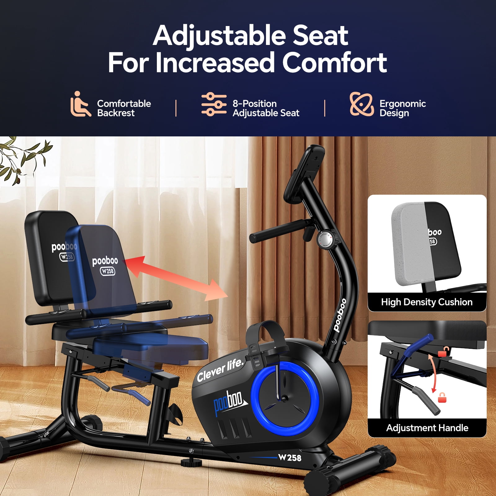 Pooboo Recumbent Exercise Bikes Sit Down Stationary Bicycle Magnetic Resistance Indoor Cycling Bike  380lbs Capacity