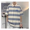 thumbnail image 4 of Camisa a rayas de manga corta para hombre, blusa superior holgada informal con cuello vuelto y botones para citas, 4 of 8