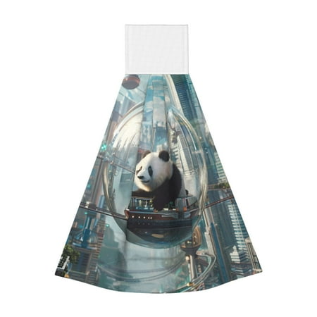

Qekee Panda In Futuristic City Print Hanging Kitchen Towels Coral Velvet Wipe Hand Towel Absorbent Hand Towels Microfiber Tie Towel for Bathroom Kitchen Decor