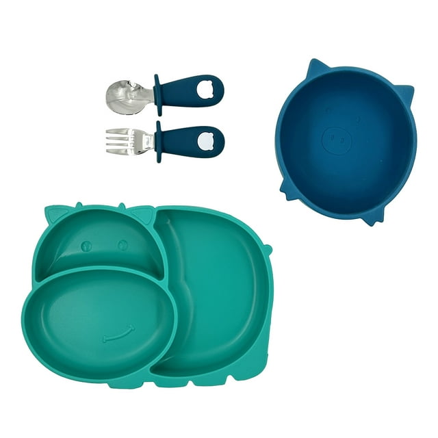 Vajilla para Bebé, Plato con Divisiones, Plato Hondo y Cubiertos, Plato para Bebé con Cubiertos Match & Enjoy Vajilla plato hipopótamo, plato hondo cochinito y cubiertos acero inoxidable verde