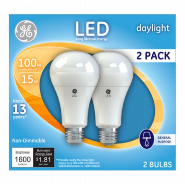 GE Lighting 21868 Medium-Base A21 LED Light Bulb, Daylight, 15W, 2-Pack