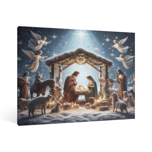 Vintage Jesus Nativity Scene Canvas Wall Art Paint Framed , Christian Watercolor Jesus Wall Art Decor,Christmas Wall Religious Artwork for Home Living Room,Bedroom Wall Decor
