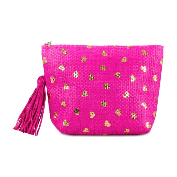 Women's Metallic Gold Heart Paper Straw Pouch Clutch with Tassel
