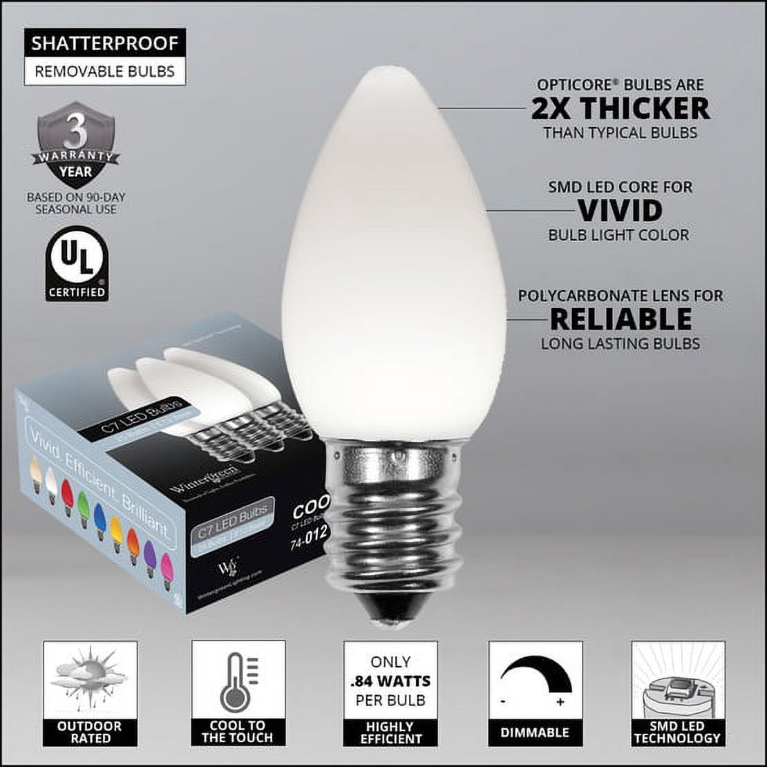 OptiCore C7 Opaque Ceramic Style Cool White LED Christmas Lights Replacement Bulbs, Pack of 25, Shatterproof 0.84W, E12 Base