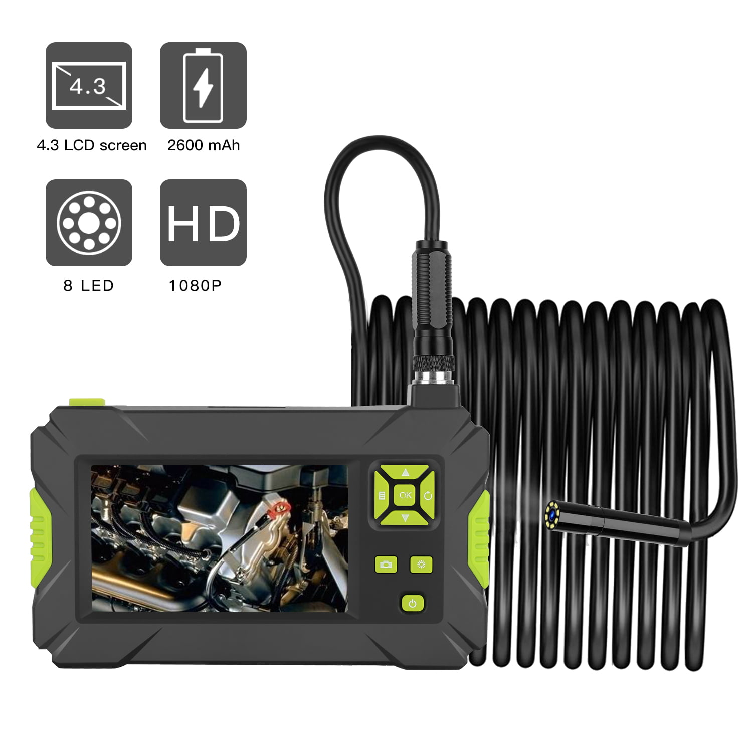 Waterproof Snake Camera with 2600mah Lithium Battery Industrial Endoscope 1 or 10 Meter,1M Inspection Camera 4.3 Inch Color LCD Screen Video Borescope 1080P HD with 6 LED 
