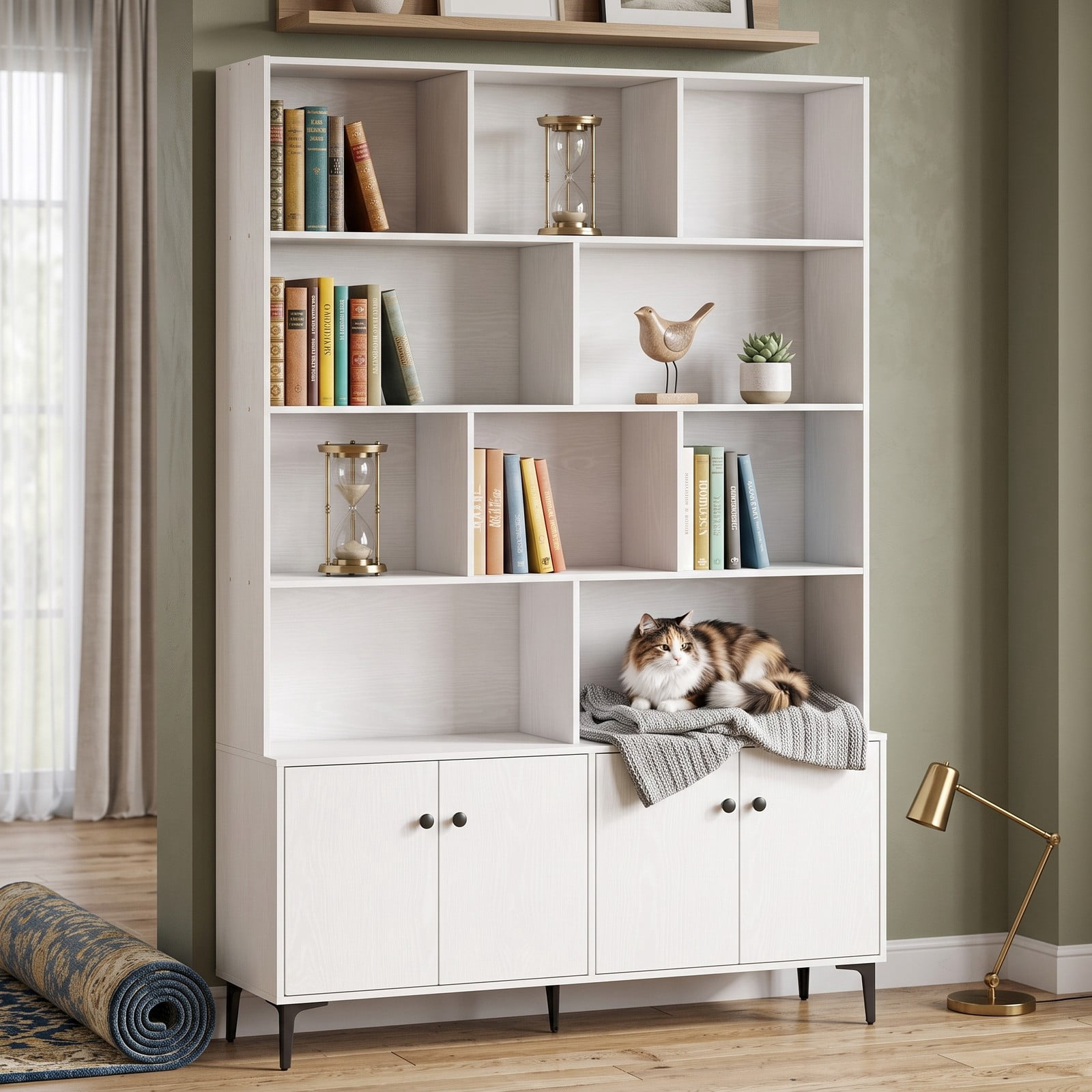 Furnibear 68.5" White Bookshelf with 4 Doors and Open Shelves, Tall Freestanding Bookcase Storage Cabinet with Anti-Tipping Kits and Metal Legs for Home Office, White