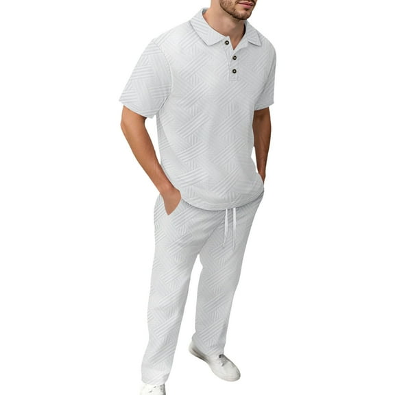 Fgnfyis Men's Europe and The United States Summer New Solid Color Jacquard Short Sleeved Shirt Pants Two Piece Suit Matching Sets Men Clothing White XXL