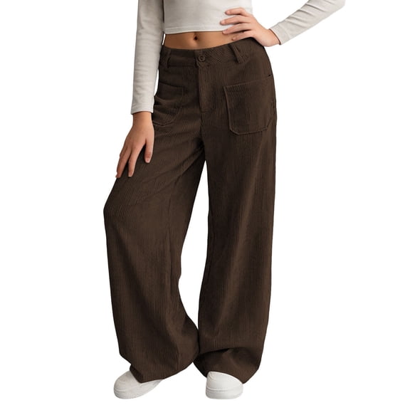 Tdoqot Girls Corduroy Cargo Pants- Button Up Baggy Fashion Casual Kids Wide Leg Pants Brown Size 6-14