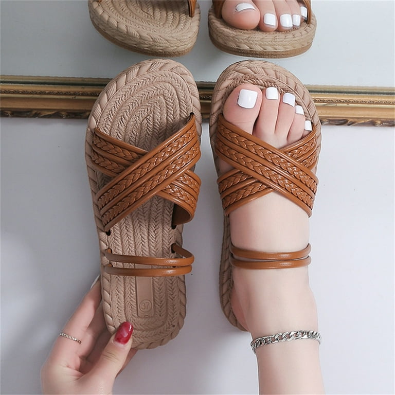 SEMIMAY Ladies Fashion Solid Color Leather Strap Open Toed Straw