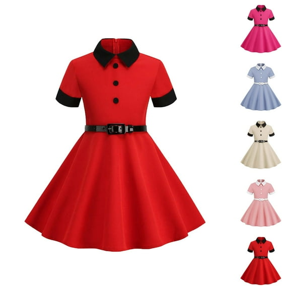 Dresses for Teen Girls Girls Formal Dresses Short Sleeve Belt Splicing Vintage Children's Dress Princess Dress
