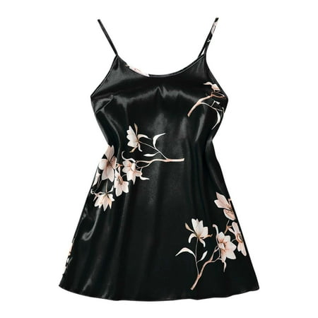 RQYYD Womens Satin Lingerie Nightgown Floral Print Chemise Slip Silk Negligee Spaghetti Straps Babydoll Sleepwear