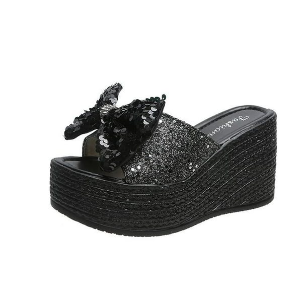 ¡Novedad de 2022! Zapatillas de verano con tacón de cuña para mujer, sandalias de tacón grueso para mujer, zapatillas de tacón alto con lentejuelas antideslizantes para mujer, zapatillas 36 Gao Jinjia LED