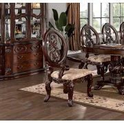 Antique Traditional Brown Cherry Solidwood Set of 2pc Dining Arm Chairs Tan Fabric Seat Dining Room