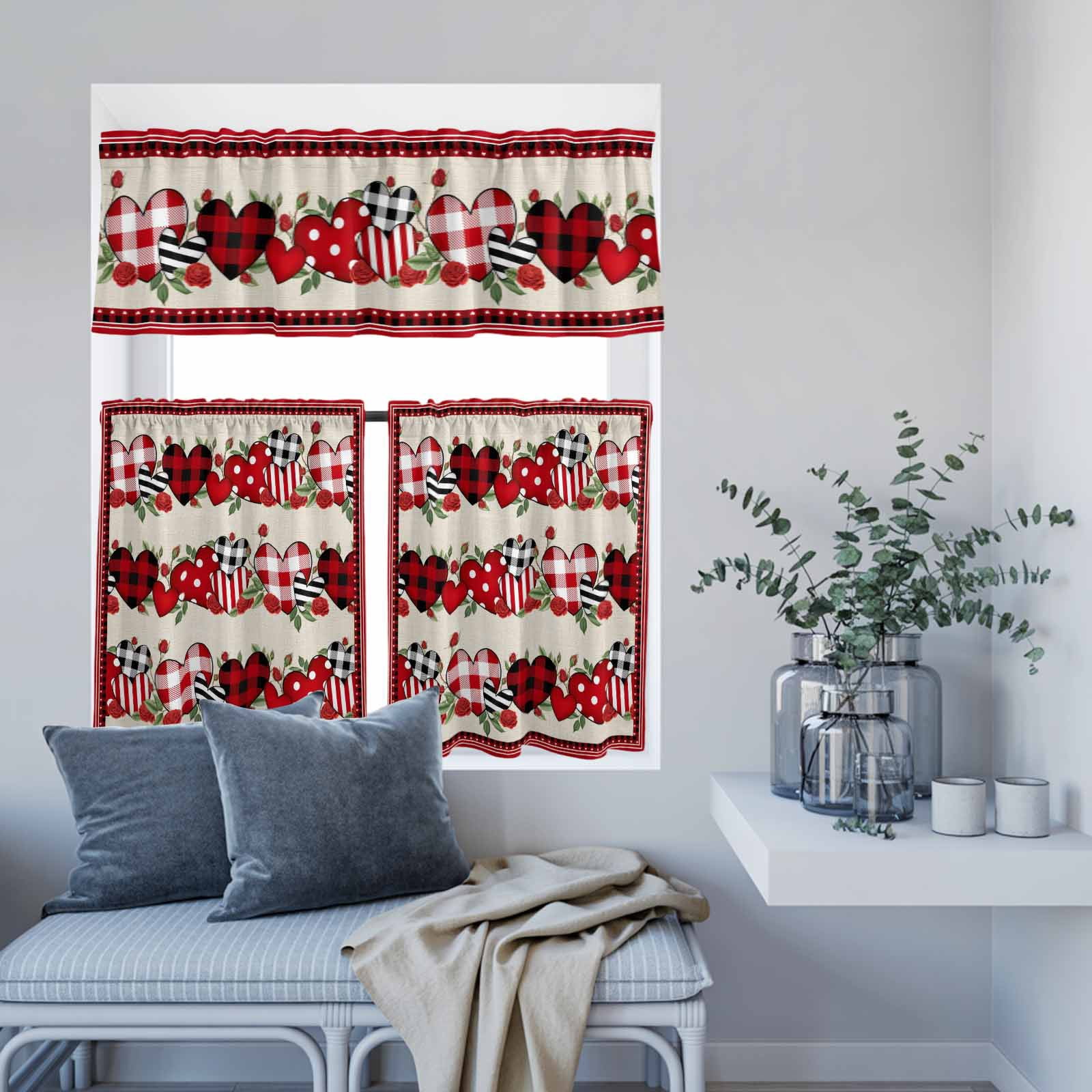 Kitchen Window Curtains Valance and Tier Set, Valentine's Day Love Rose Flower Rod Pocket Tier Curtains and Valance 3 Piece Set, Red Plaid Retro Linen Window Treatment for Bedroom Living Room