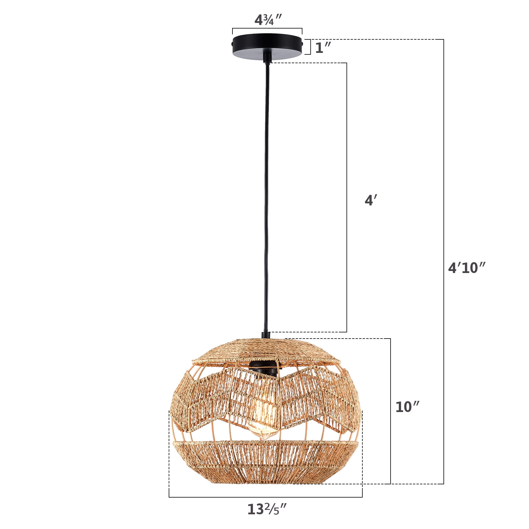 Boho Pendant Light Fixture with 13" Ball Rattan Shade and Adjustable 59" Hanging Cord, Light Brown