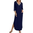 thumbnail image 2 of gakvbuo Maxi Dress For Women With Pockets Boho Summer Dresses 3/4 Sleeve V Neck Long Beach T-Shirt Dress With Side Split Bottom Sundress Travel Vacation Outfits, 2 of 9