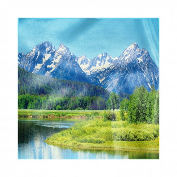 Landscape Decorative Napkins Set of 4, Grand Teton National Park Snowy Peak Mountains Nature Scene Picture, Silky Satin Fabric for Brunch Dinner Party, 18", Yellow Green Multicolor, by Ambesonne