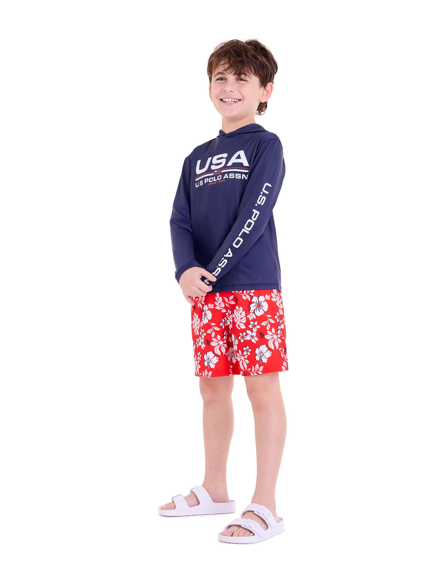 U.S. Polo Assn. Boys Long Sleeve Hooded Flag Graphic Rashguard, Sizes 4-18